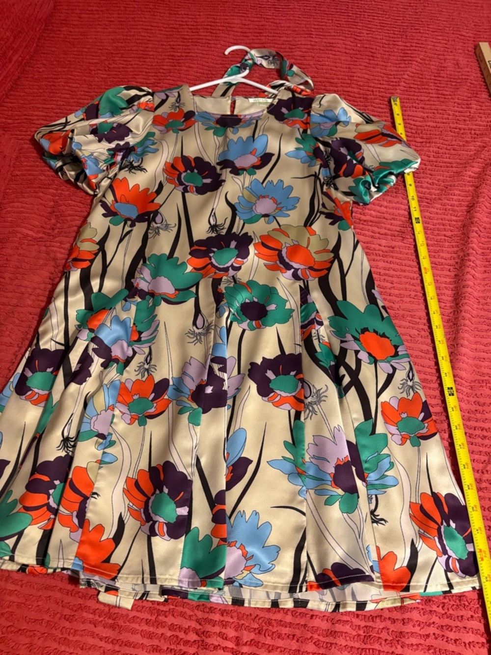 Jade Cream Floral Satin Mini Dress with Green, Blue & Orange Blooms